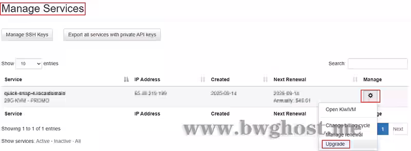 搬瓦工VPS管理页面的截图，已用红色方框圈出“Upgrade”选项