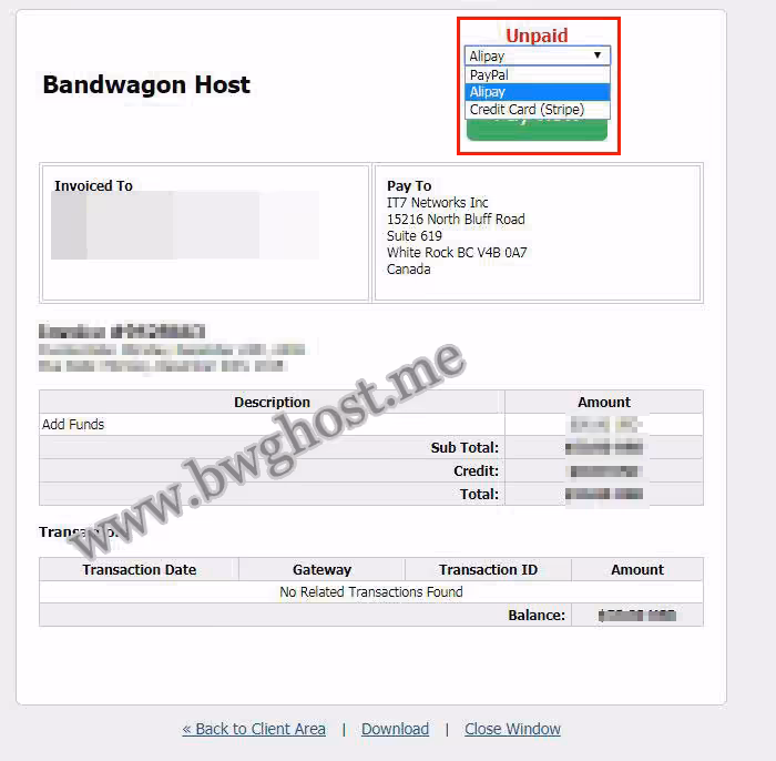 搬瓦工账单页面的截图，用红色方框圈出了右上角的支付方式下拉菜单和“Pay Now”按钮。