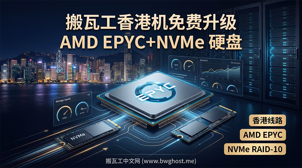 搬瓦工香港机房免费升级 AMD EPYC 与 NVMe RAID-10 硬件后的 VPS 性能与线路示意