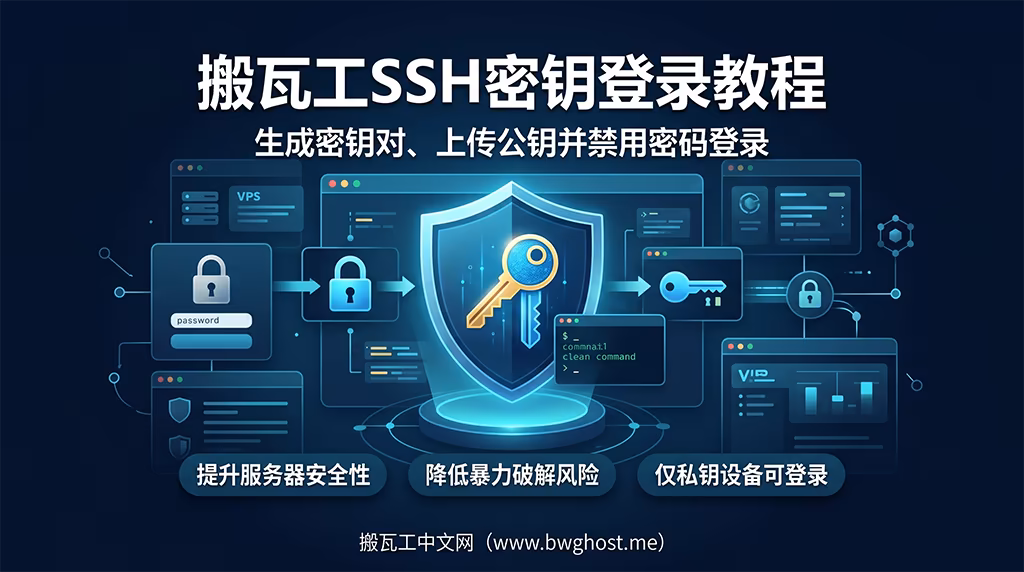 搬瓦工SSH密钥登录教程,演示生成密钥对、上传公钥并禁用密码登录,提升VPS服务器安全性