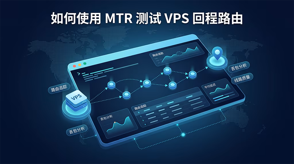 使用 MTR 测试 VPS 回程路由,查看延迟、丢包率与节点路径