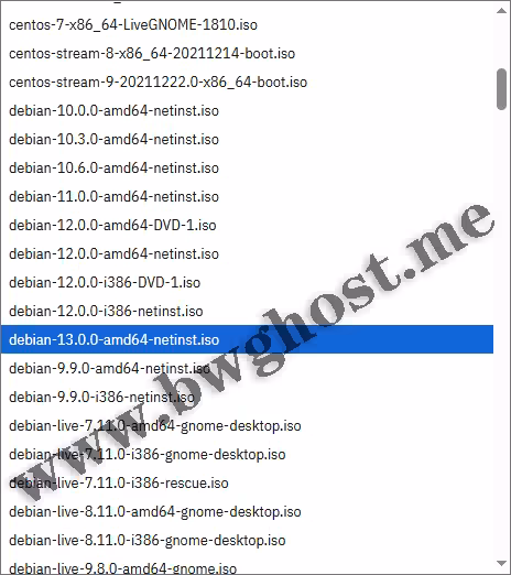 KiwiVM 控制面板的 “Mount ISO” 功能界面,下拉菜单中已选中 “debian-13.0.0-amd64-netinst.iso” 镜像文件。